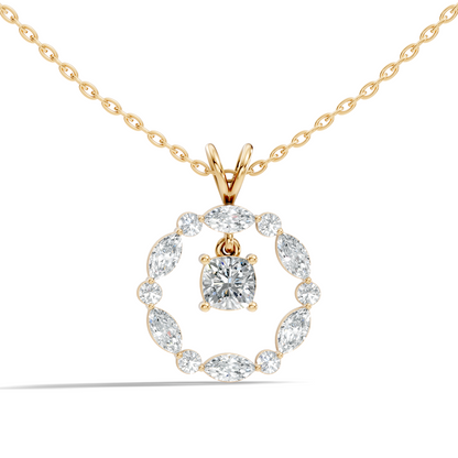 Round Lab-Grown Diamond Circle Pendant For Her Cushion & Marquise Design In 14K Gold