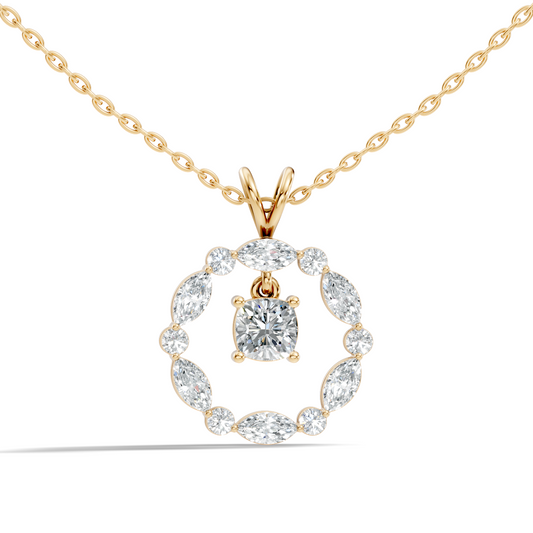 Round Lab-Grown Diamond Circle Pendant For Her Cushion & Marquise Design In 14K Gold