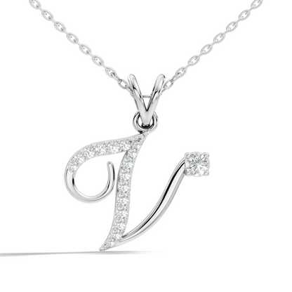 Dainty Round Cut Diamond V Pendant 14K Solid White Gold Minimalist Alphabet Necklace