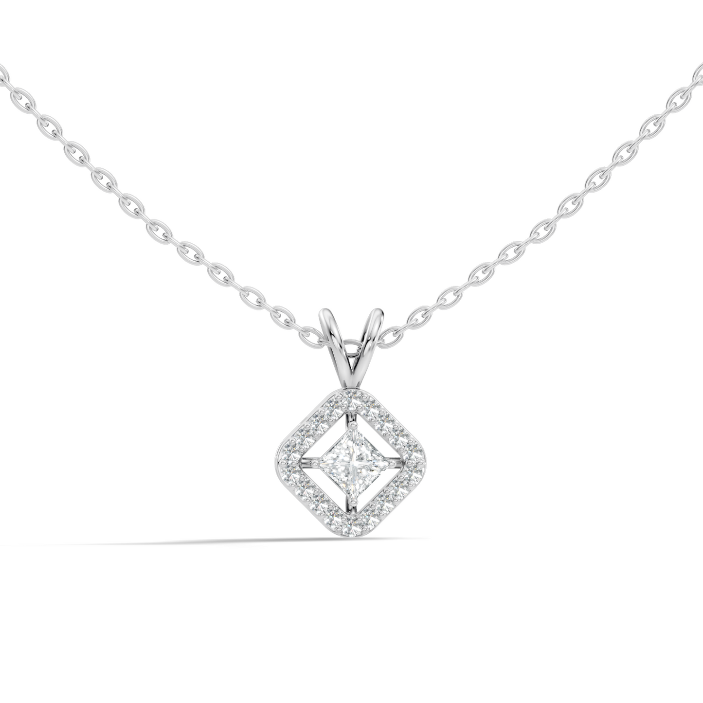 Colorless Lab Diamond Princess Cut Pendant Necklace 0.45 Ct Round Accent Gift for Her
