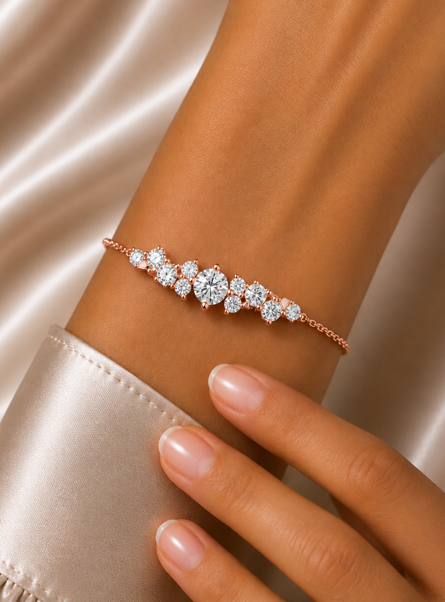 Round Lab Grown Cluster Line Charm Diamond Bracelet in Yellow Gold