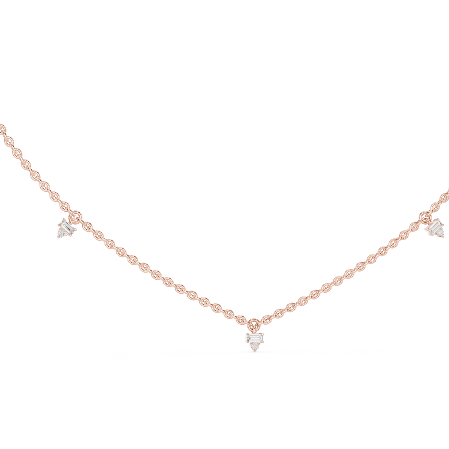 14k Solid Rose Gold 5 Stone Round & Baguette Square Shape Lab Grown & Natural Diamond Simply Classic Look Diamond Necklace