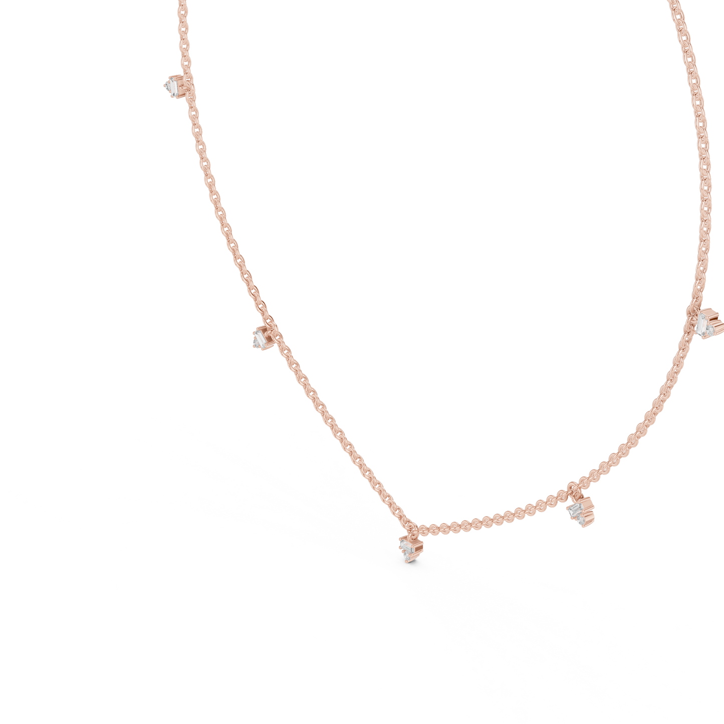 14k Solid Rose Gold 5 Stone Round & Baguette Square Shape Lab Grown & Natural Diamond Simply Classic Look Diamond Necklace