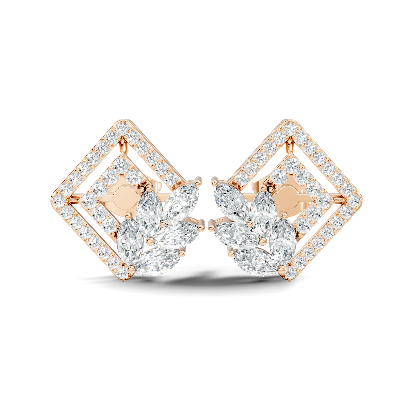 Round & Marquise shape Lab Grown-Natural Diamond 14k Solid Rose Gold Earrings For Women