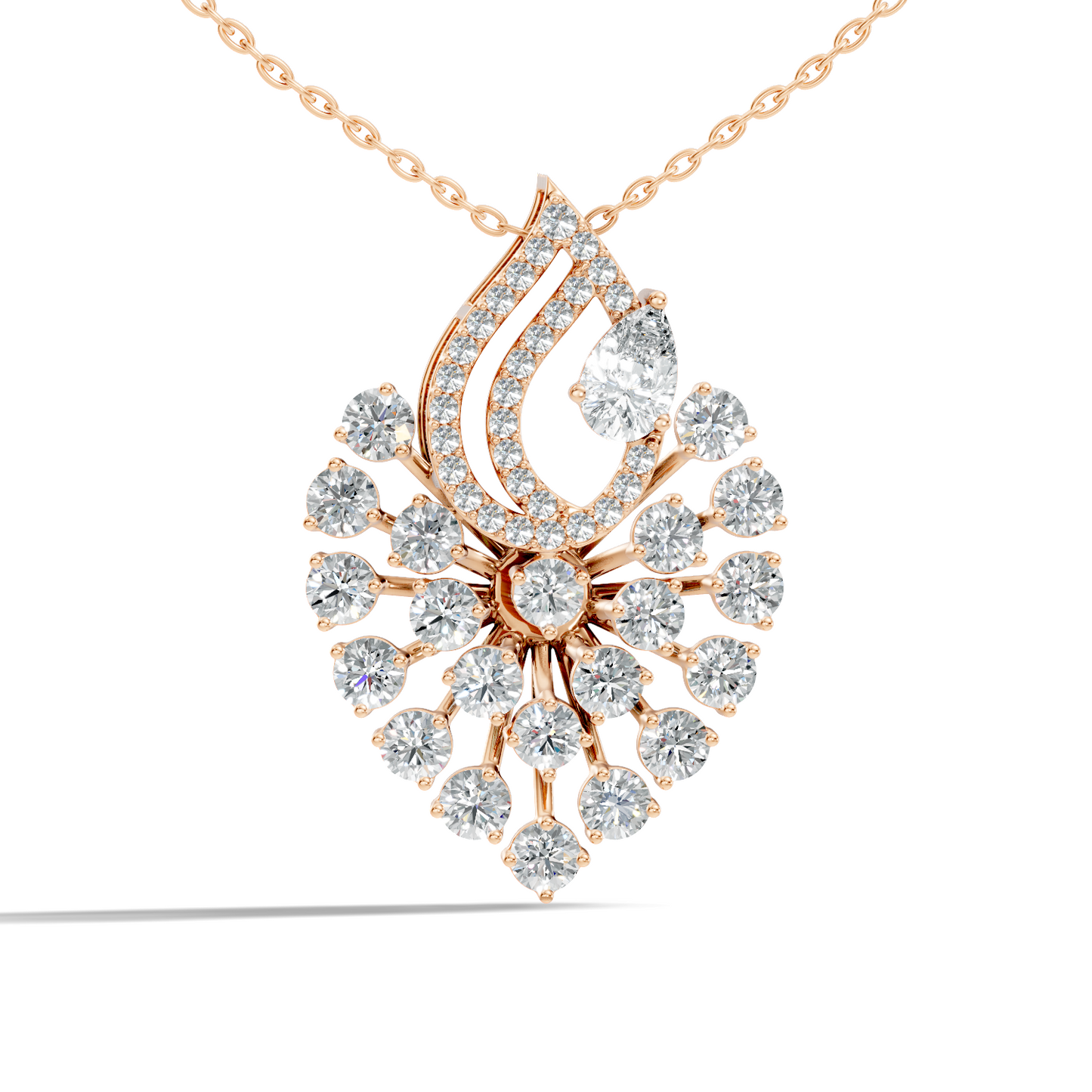 Pear And Round 4.07 CT  Lab-Grown Diamond 14K Rose Gold Luxury Jewelry Peacock Feather  Pendant