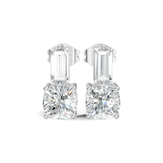 Baguette and Cushion Cut Lab Grown Diamond Vintage Minimalist Cluster Statement Stud Earring For Her