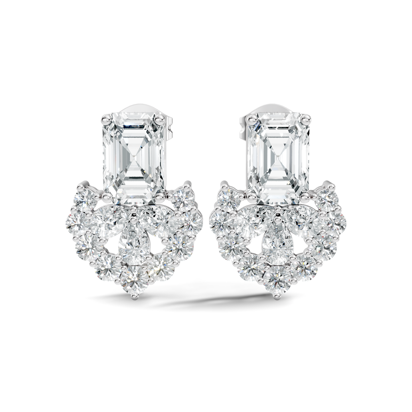 Emerald Cut & Cluster Diamond Stud Earrings In 18K White Gold Luxury Statement Design