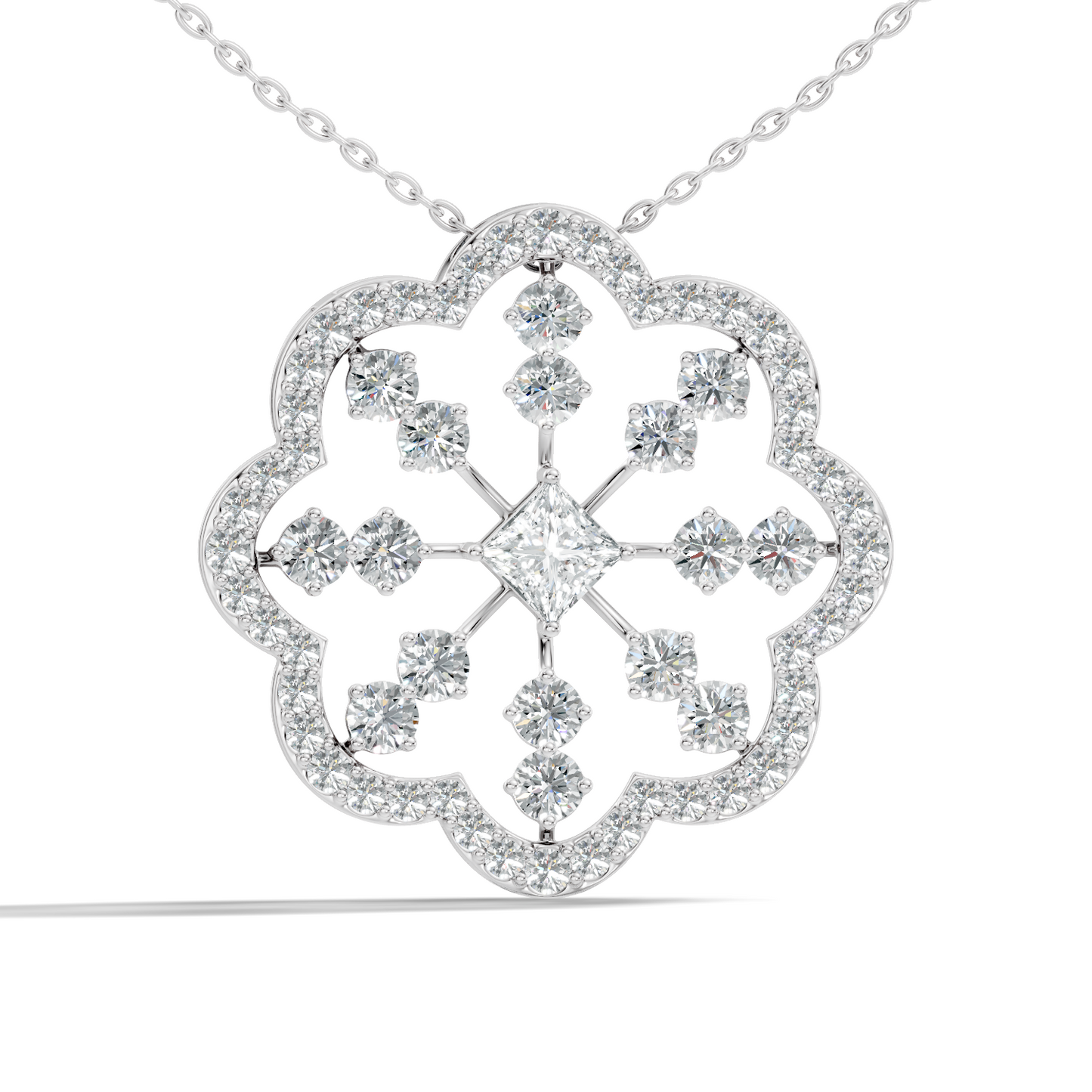 Princess Cut Lab-Grown Diamond Pendant  Vintage Geometric Ornate Floral 14K Rose Gold Necklace