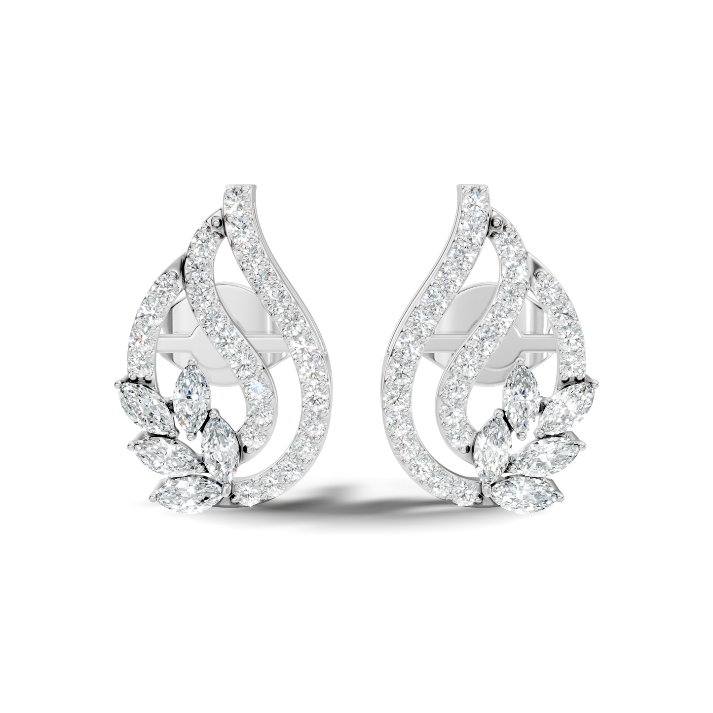 10k Solid White Gold Round And Marquise Shape Lab Grown & Natural Diamond New Style Vintage Minimalist  Diamond Studs Earrings