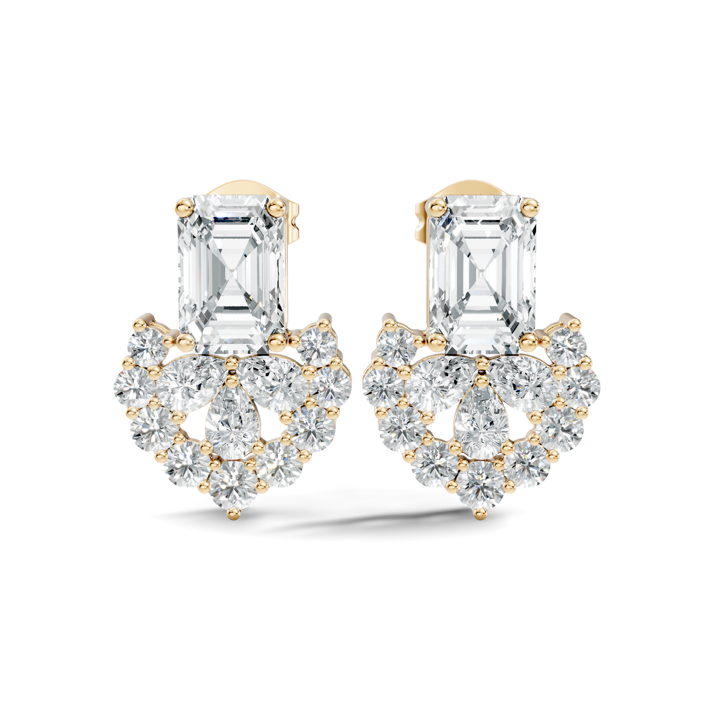 Emerald Cut & Cluster Diamond Stud Earrings In 18K White Gold Luxury Statement Design