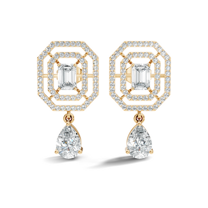 Elegant  2.48 Ct Emerald Cut Diamond Earrings with Pear Drop Accent In 14K Solid Gold