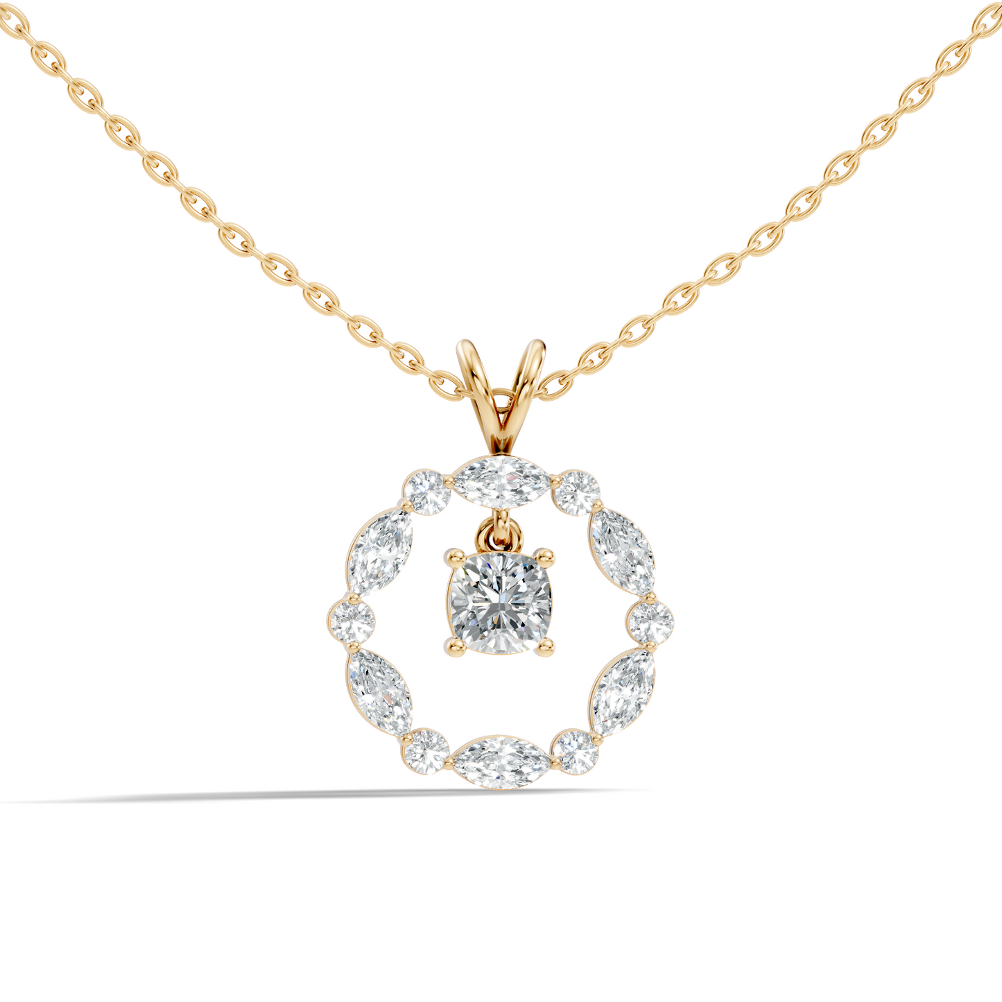 Round Lab-Grown Diamond Circle Pendant For Her Cushion & Marquise Design In 14K Gold
