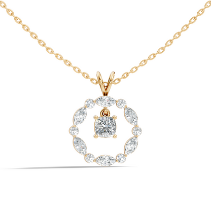 Round Lab-Grown Diamond Circle Pendant For Her Cushion & Marquise Design In 14K Gold