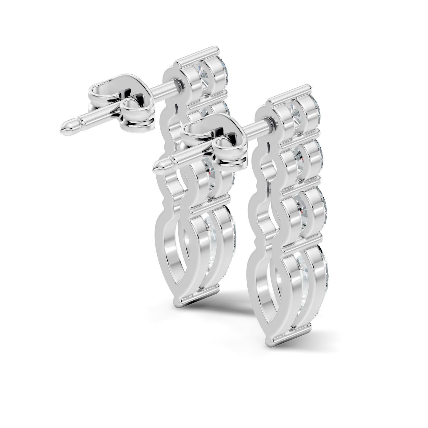 Handcrafted Gold Round Labgrown Diamond Strud Earrings Long Drop Style with Pear Cut Stones