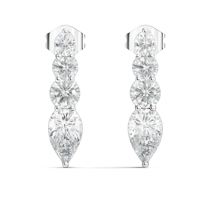 Handcrafted Gold Round Labgrown Diamond Strud Earrings Long Drop Style with Pear Cut Stones