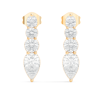 Handcrafted Gold Round Labgrown Diamond Strud Earrings Long Drop Style with Pear Cut Stones