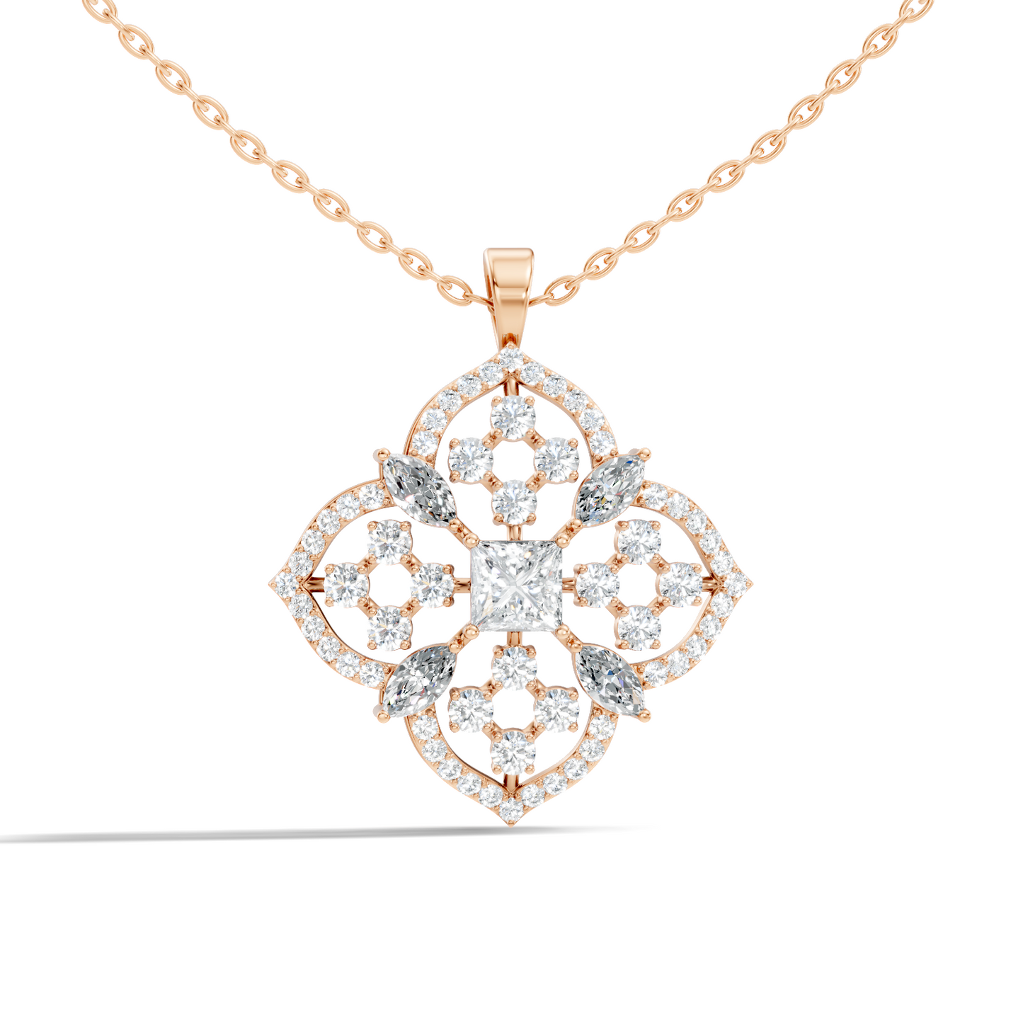 Handcrafted Marquise and Princess Diamond Gold Pendant Special Gift For Her In 14K Solid Gold