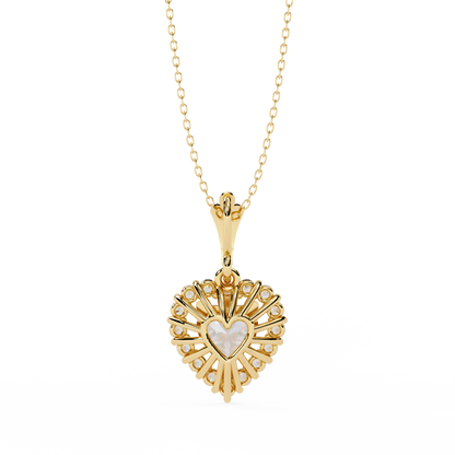 Close up of heart shaped diamond pendant with sparkling halo