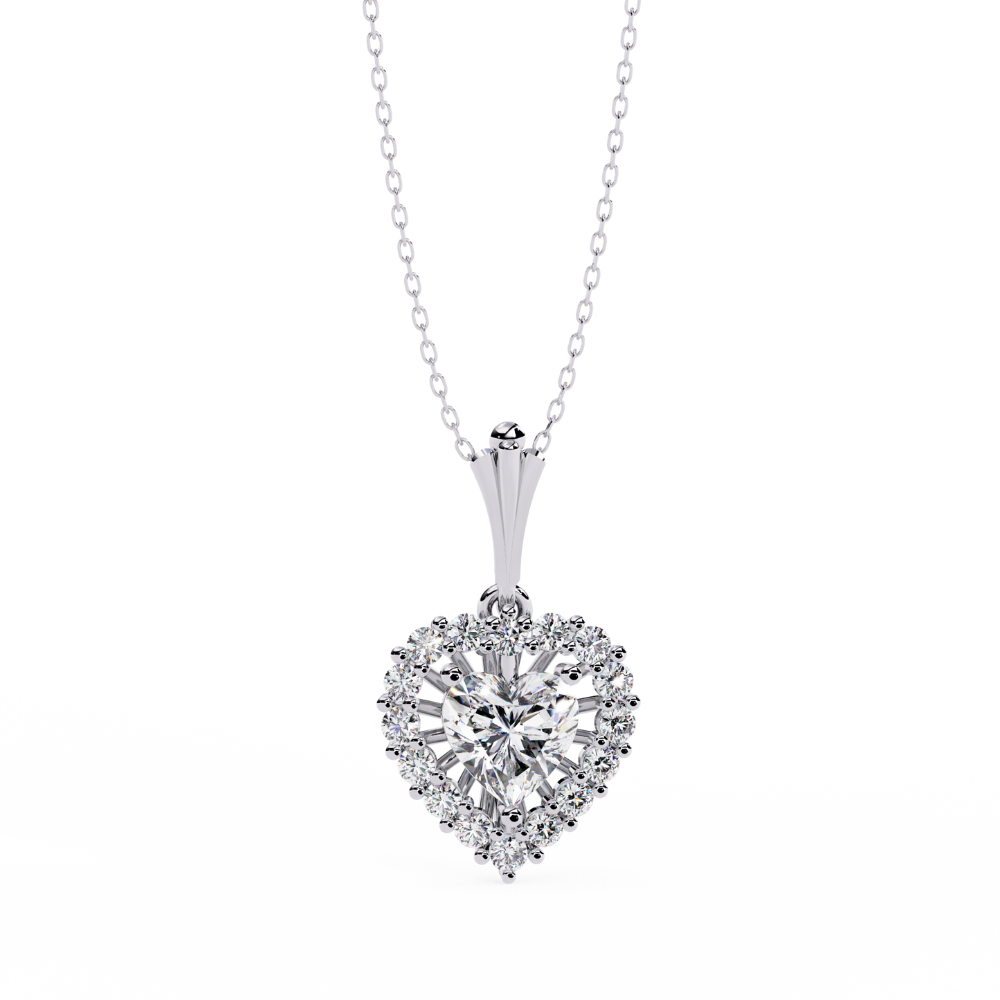 White gold heart diamond pendant with round halo setting