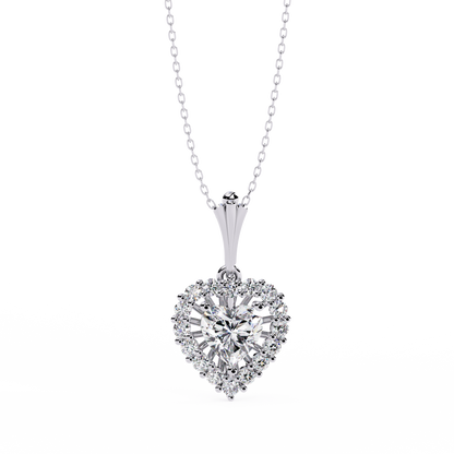 White gold heart diamond pendant with round halo setting