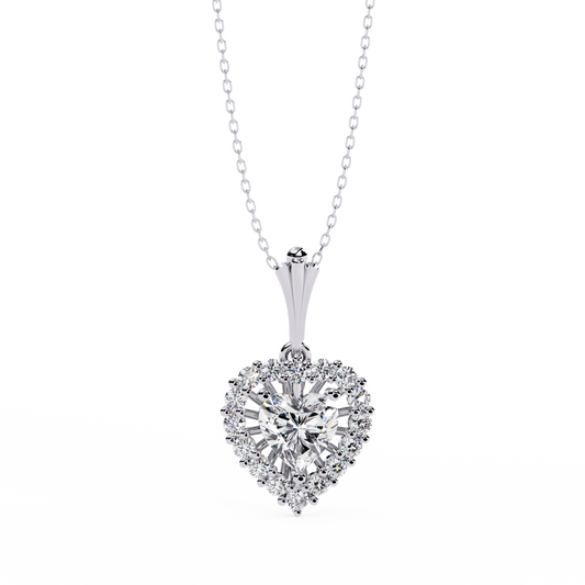 White gold heart diamond pendant with round halo setting