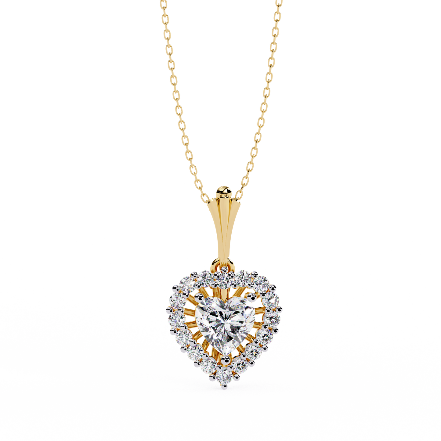 Front view of heart cut lab grown diamond halo pendant necklace