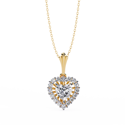 Front view of heart cut lab grown diamond halo pendant necklace
