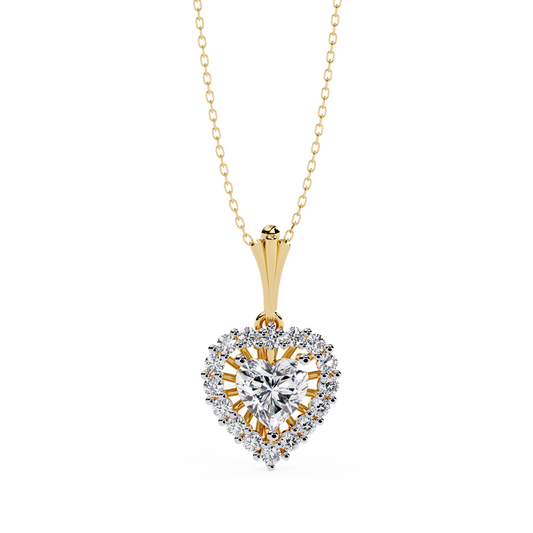 Front view of heart cut lab grown diamond halo pendant necklace