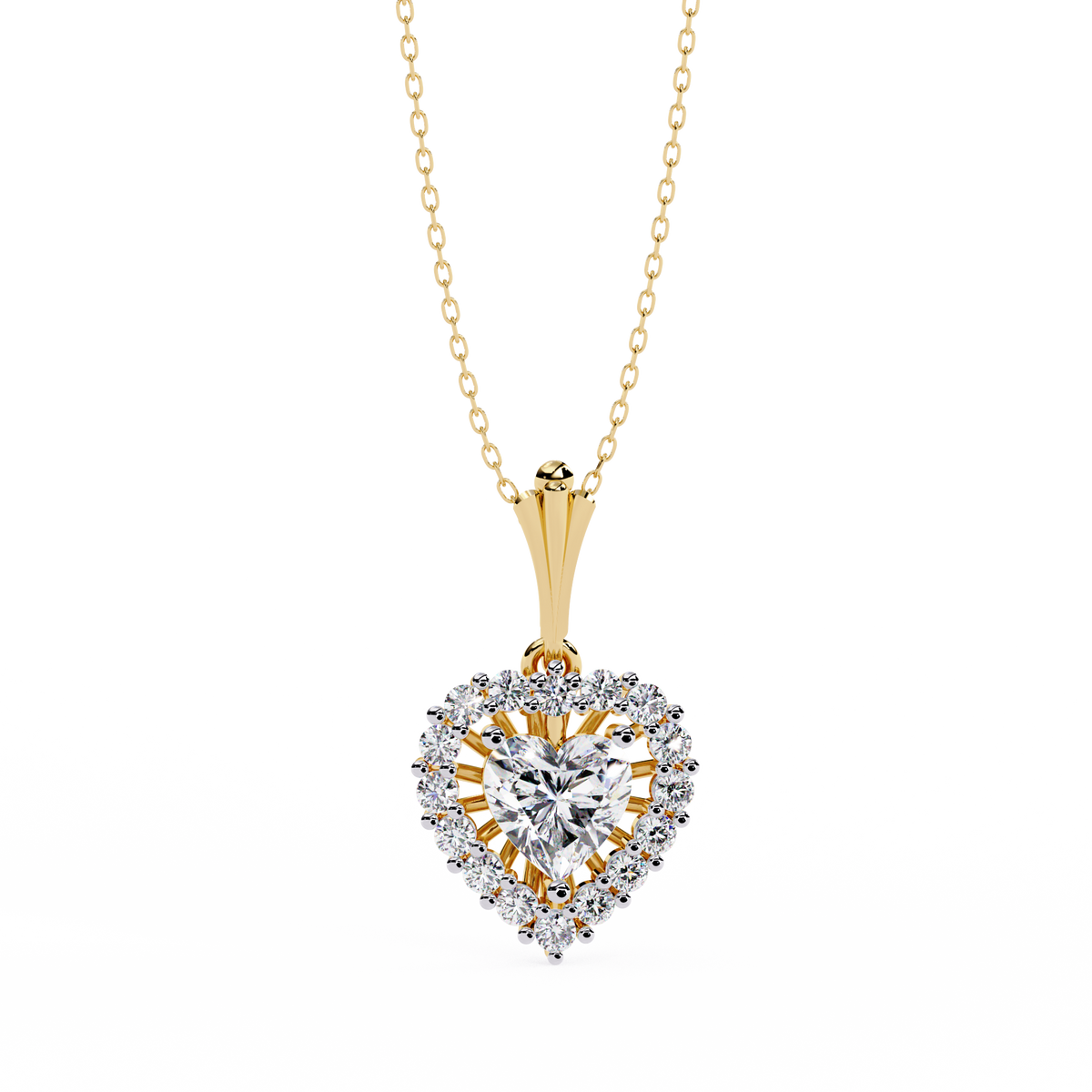 Front view of heart cut lab grown diamond halo pendant necklace