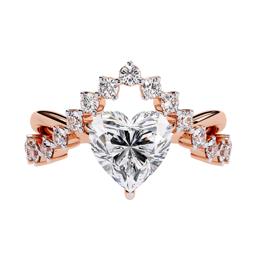 Rose gold heart diamond ring with curved crown style band design