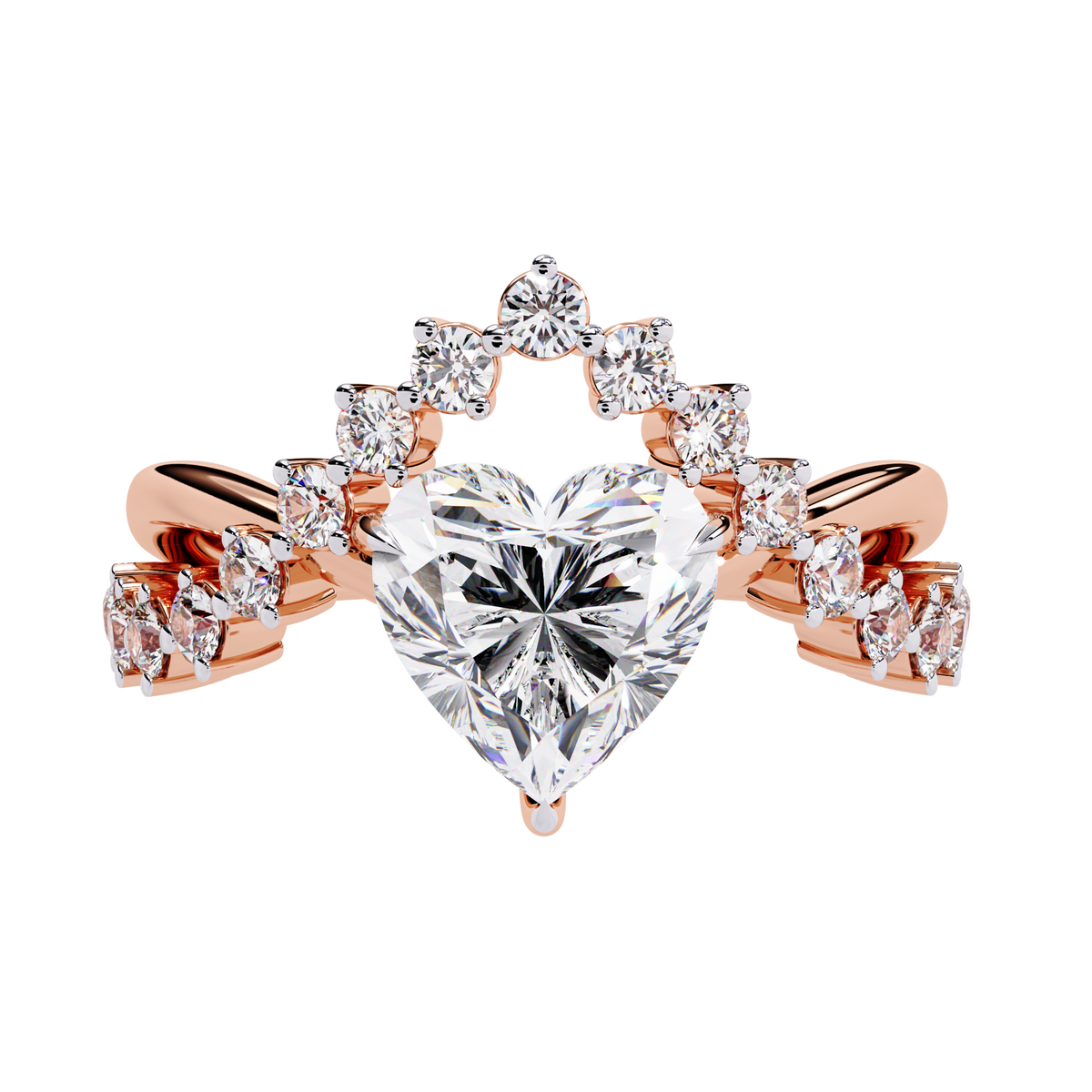 Rose gold heart diamond ring with curved crown style band design