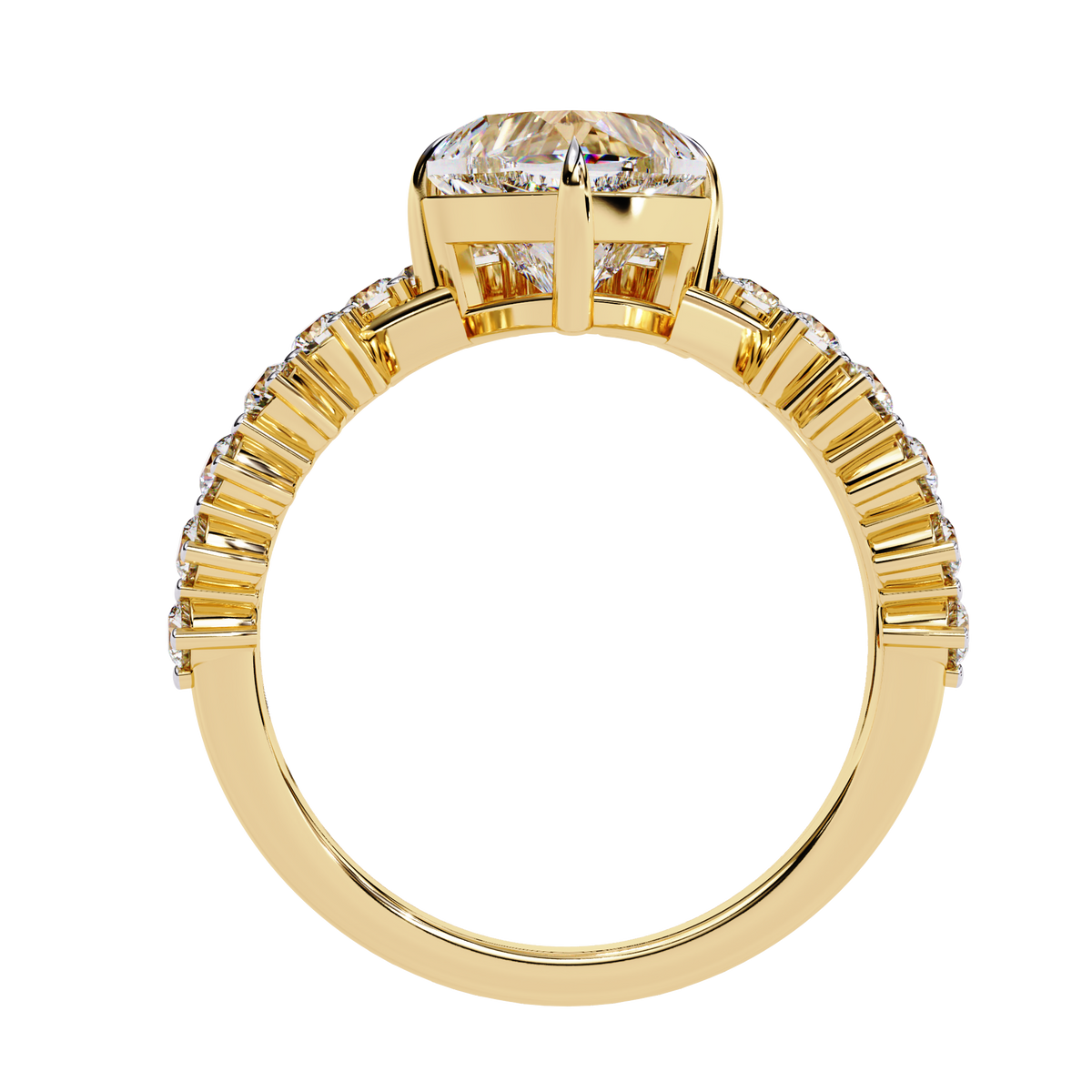 Angled view of heart cut diamond ring with crown style side accents
