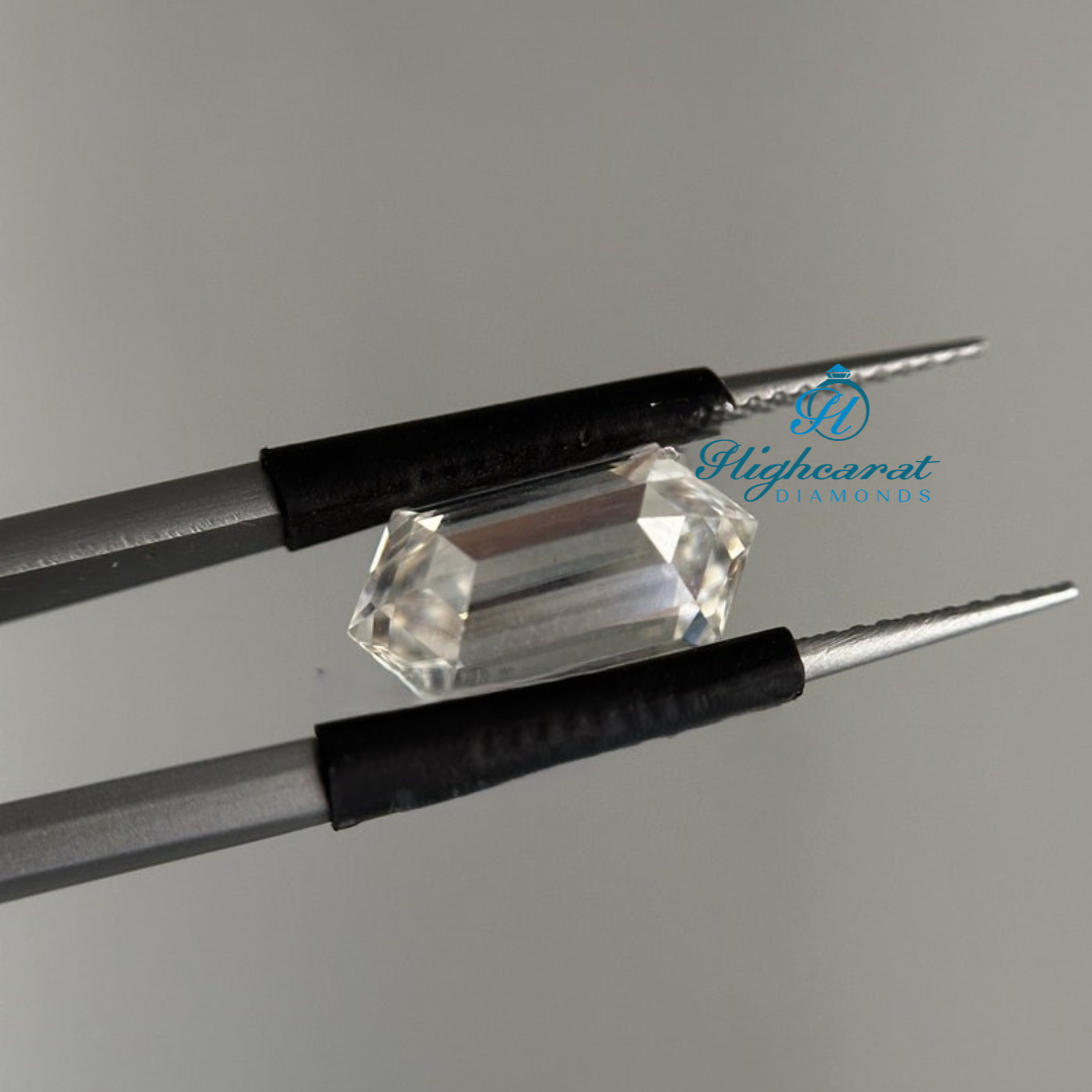 High clarity elongated hexagon shape diamond designed for custom engagement rings and fine jewelry