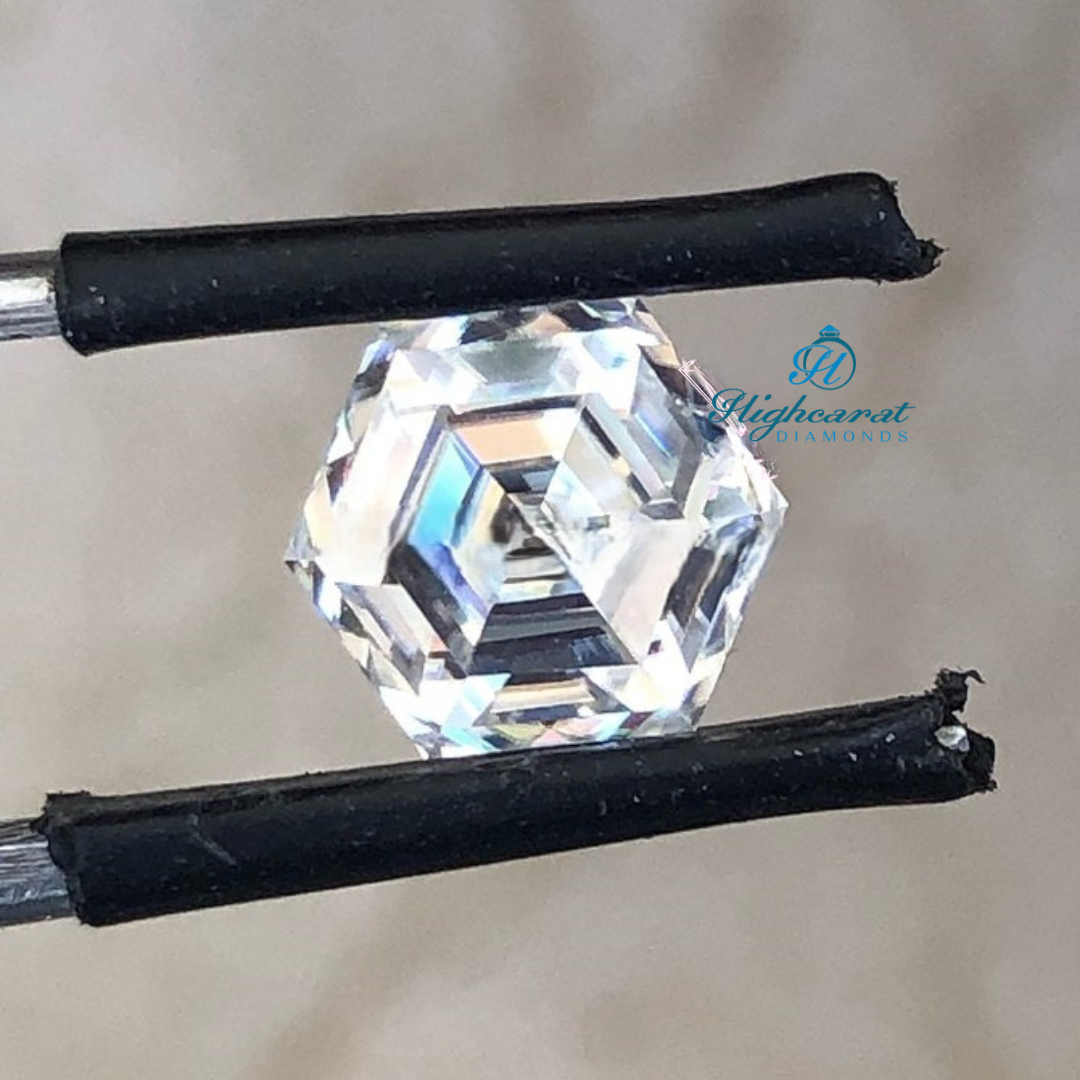 Certified lab grown hexagon diamond with precision step facets and exceptional clarity