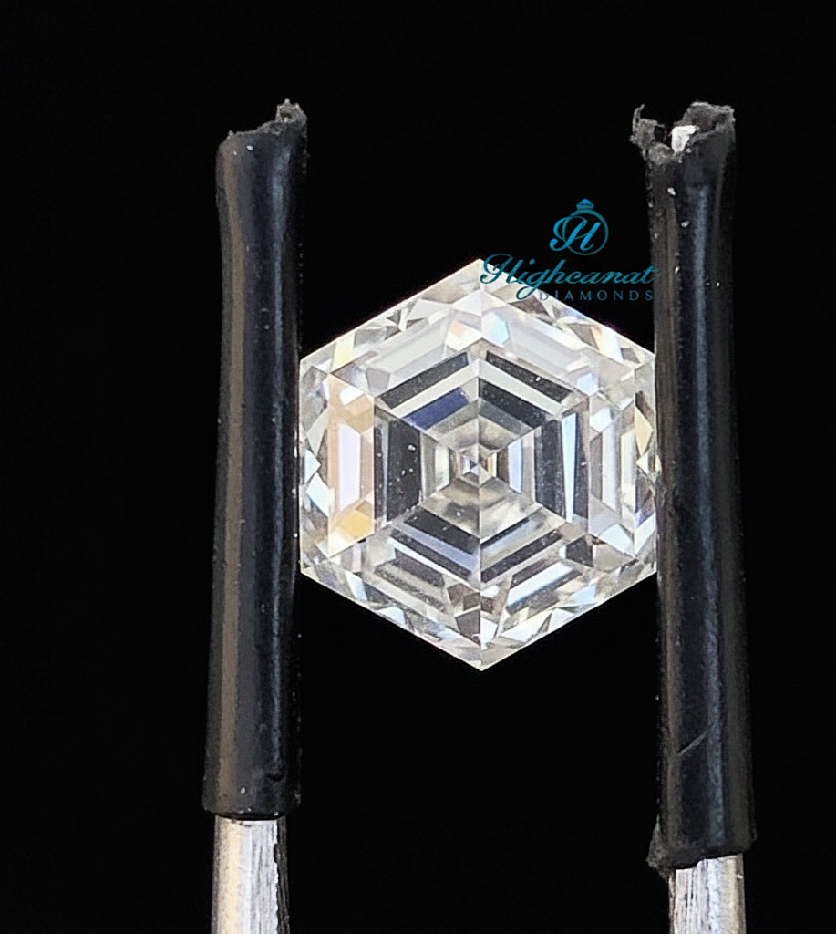 Hexagon step cut lab grown diamond featuring clean geometric symmetry and mirror like facets