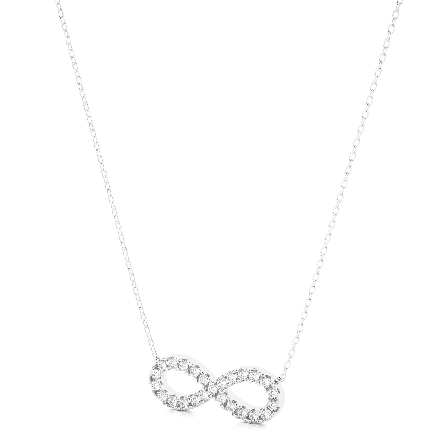 White gold infinity charm necklace with round diamonds