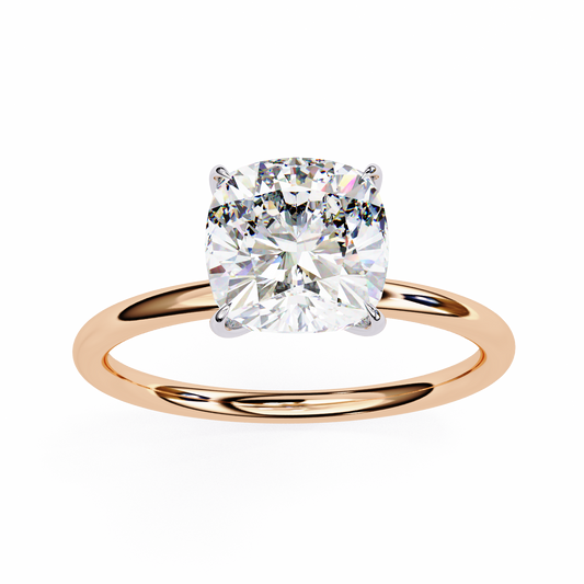Side profile of cushion cut lab grown diamond prong set ring