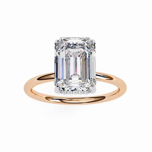 Front view of emerald cut lab grown diamond solitaire ring