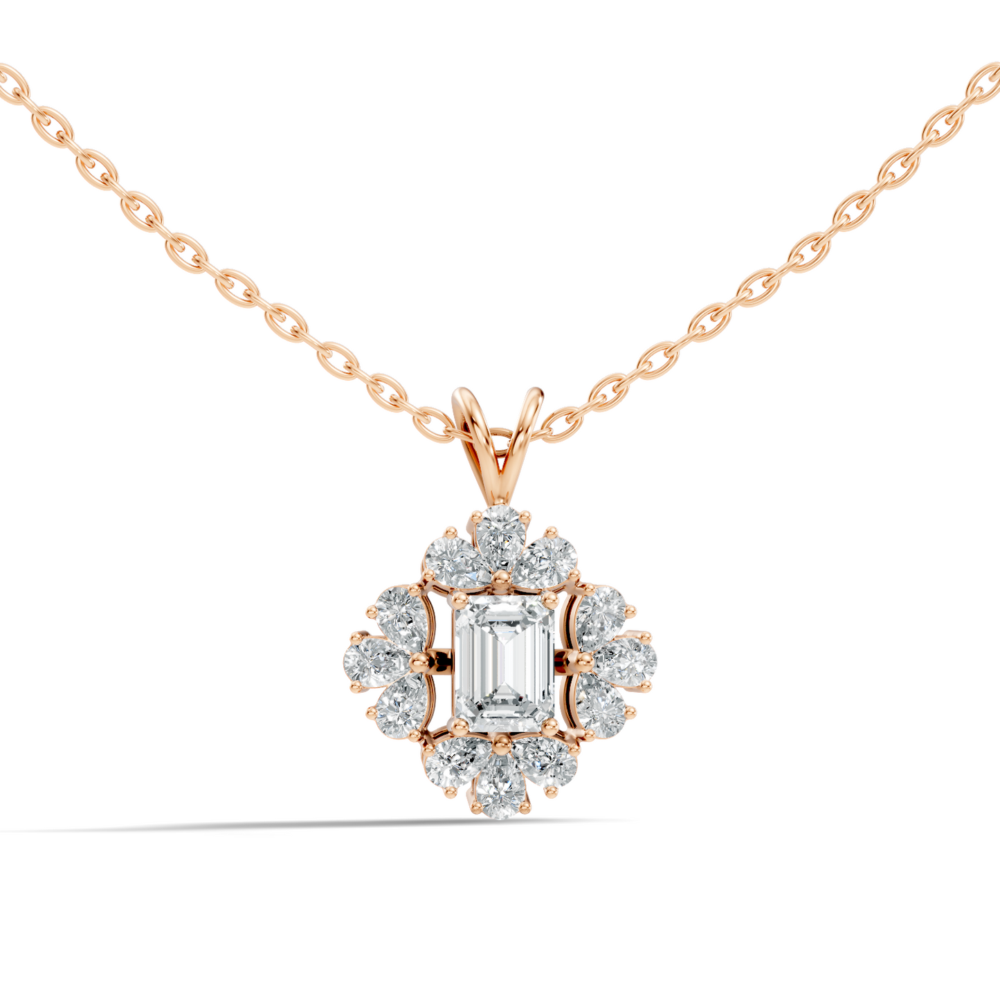 Vintage Labgrown Diamond Pendant with Emerald Cut Center & Pear Side Diamonds Gift For Her - HIGHCARAT DIAMONDS