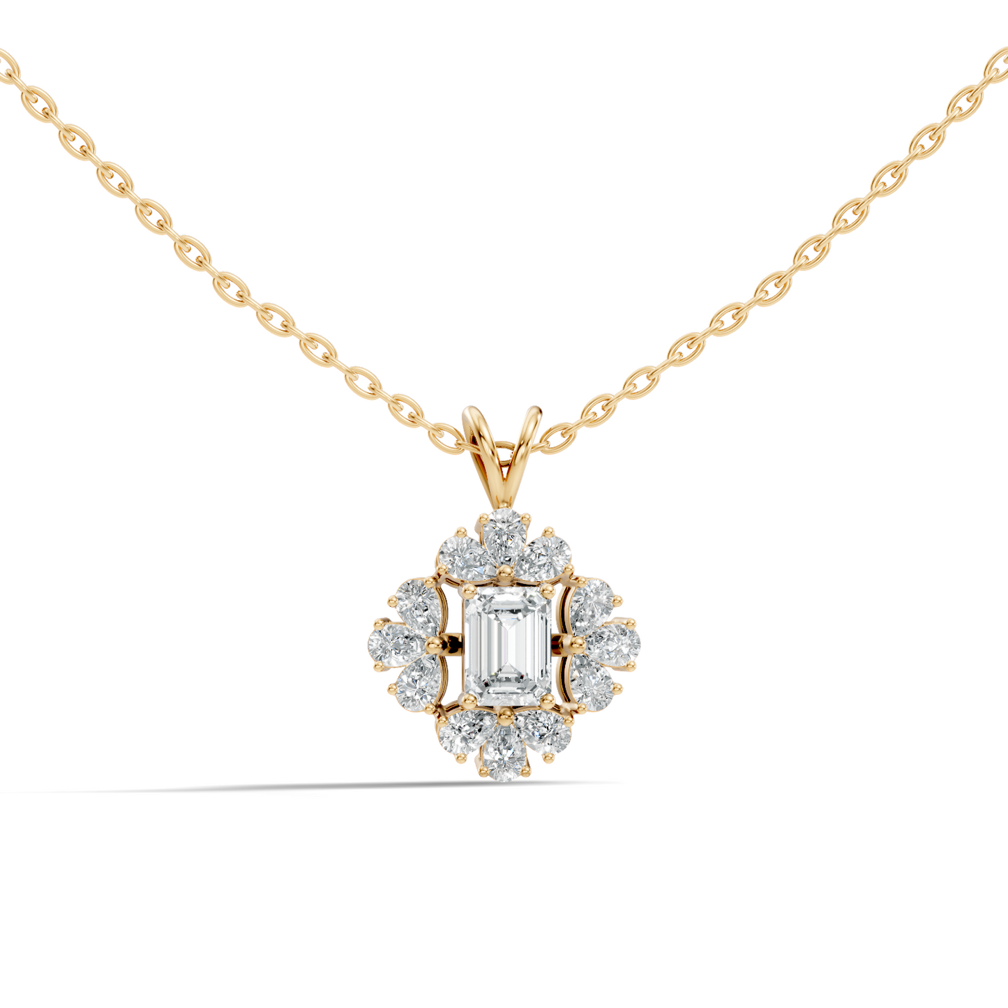 Vintage Labgrown Diamond Pendant with Emerald Cut Center & Pear Side Diamonds Gift For Her - HIGHCARAT DIAMONDS