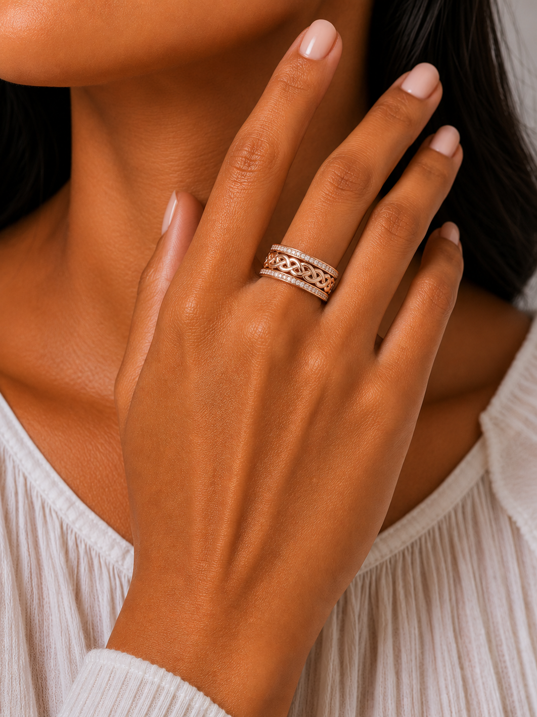 Lab Grown Round Diamond Braided Link Band Pave Edges Ring - HIGHCARAT DIAMONDS