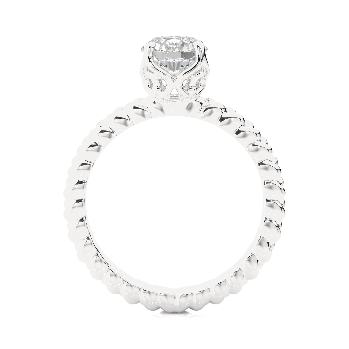 Close up of round lab grown diamond ring with twisted details