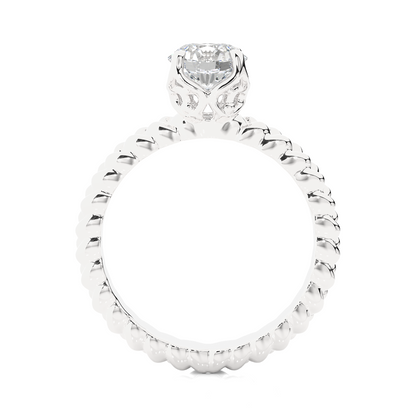 Close up of round lab grown diamond ring with twisted details