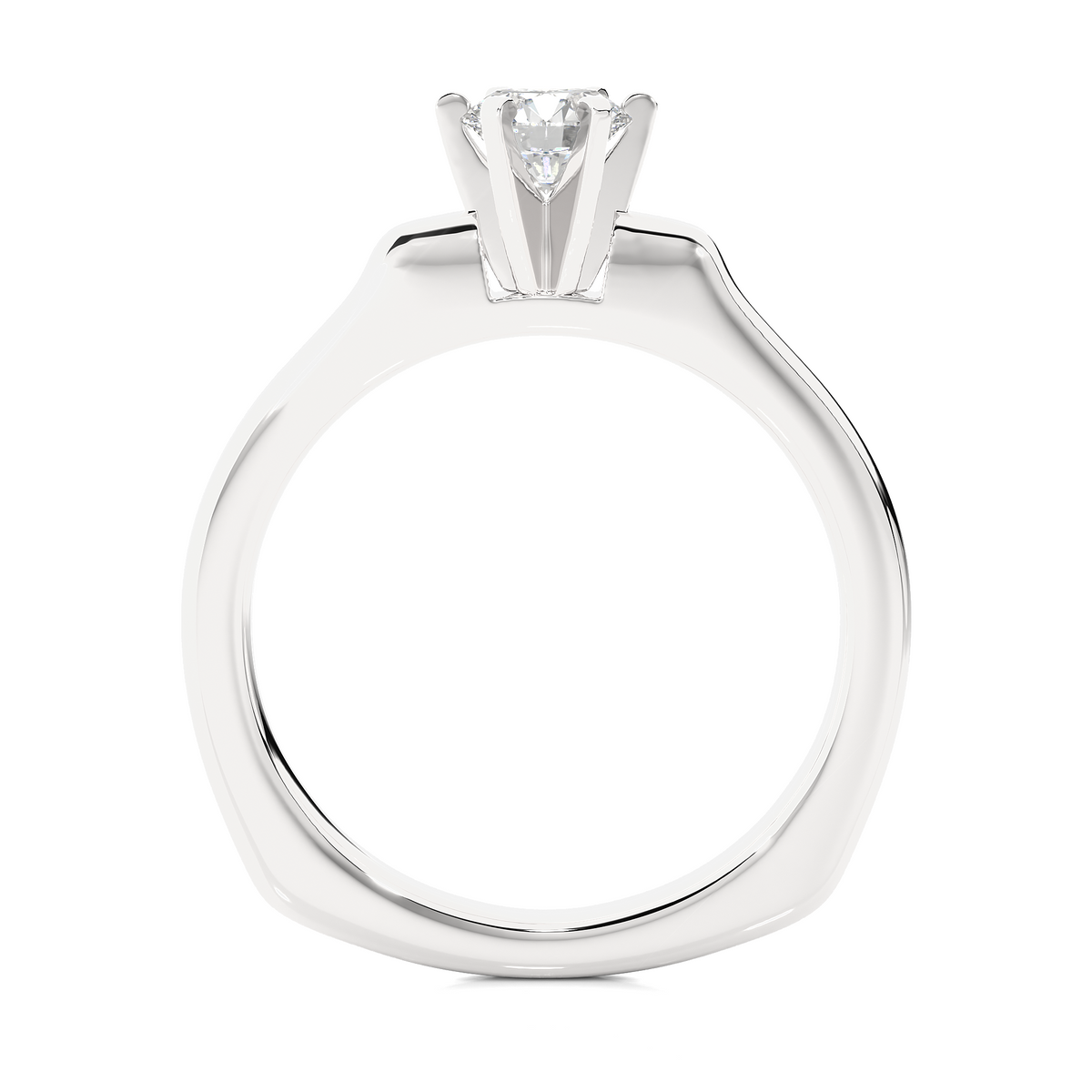 Close up of round lab grown diamond ring with six claw details