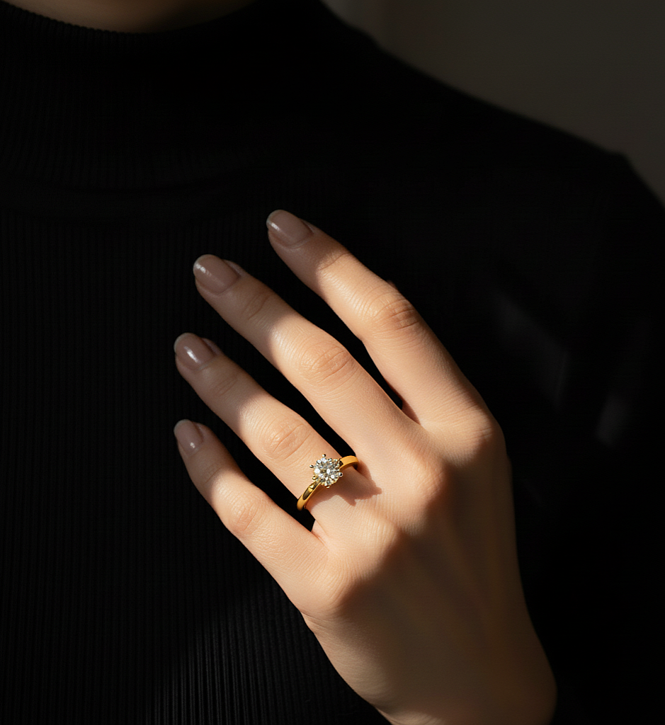 Hand wearing round diamond six claw anniversary ring