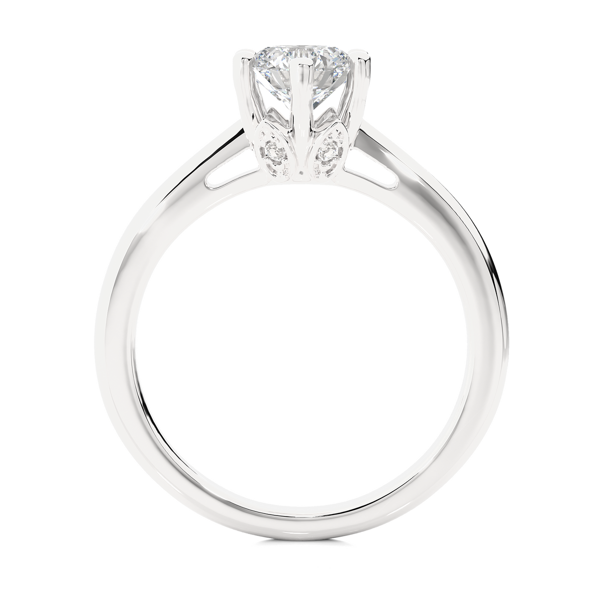Close up of round cut lab diamond ring with refined setting details
