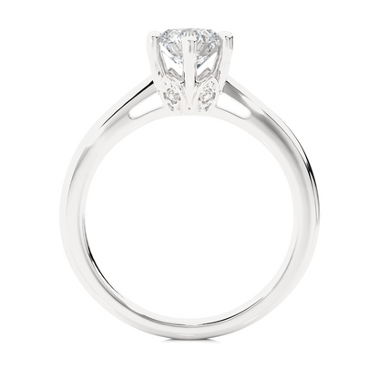 Close up of round cut lab diamond ring with refined setting details