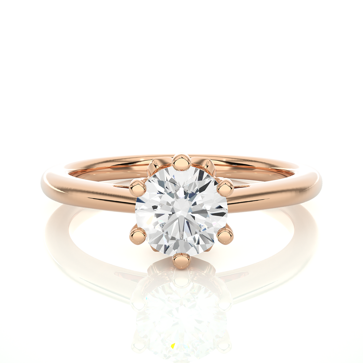Front view of round cut lab grown diamond engagement ring