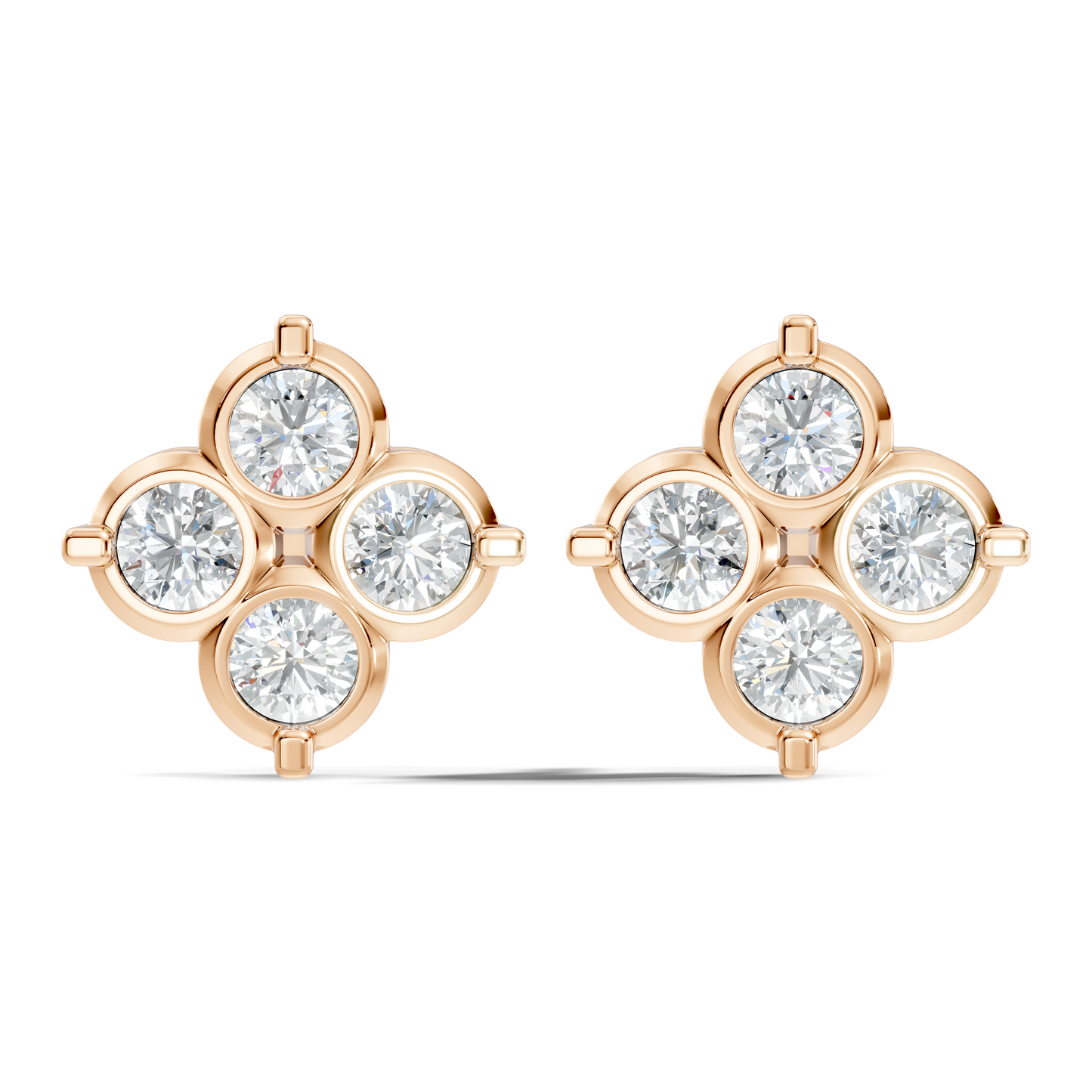 Luxury 14K Labgrown Gold Diamond Stud Earrings Four-Stone Round Bezel Set Cluster Style