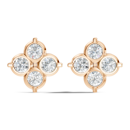 Luxury 14K Labgrown Gold Diamond Stud Earrings Four-Stone Round Bezel Set Cluster Style